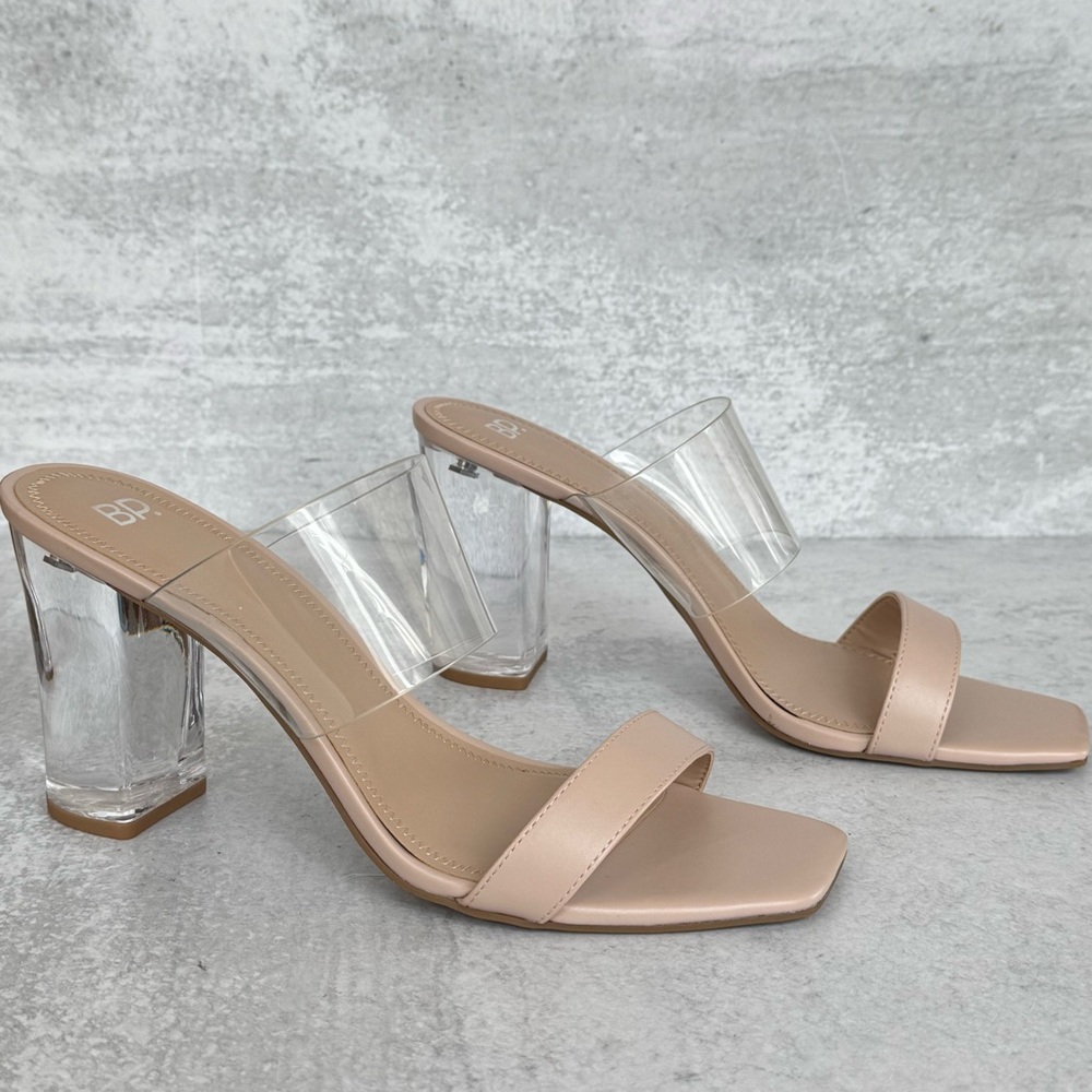 bp Transparent Tan Heels with Clear Block Heel